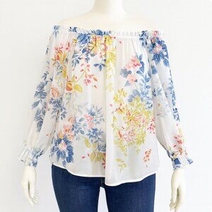 Supply‎ & Demand Blouse Womens Large White Blue Floral Boho Bohemian Cottagecore